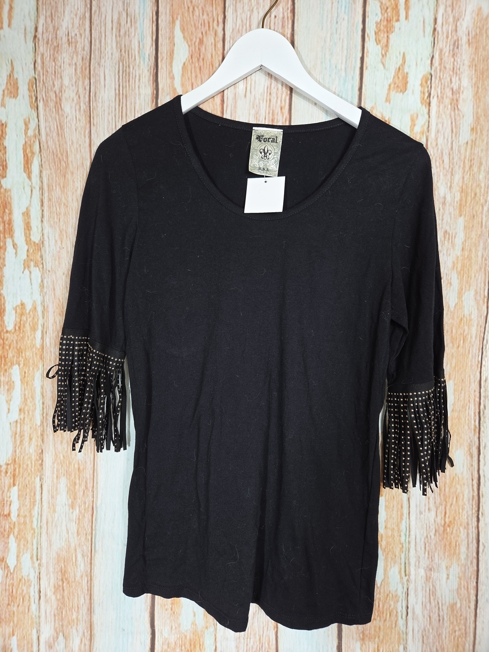 Vocal Black Short Sleeve Top with Studded Fringe Sleeves. Sz Small. 100% Cotton